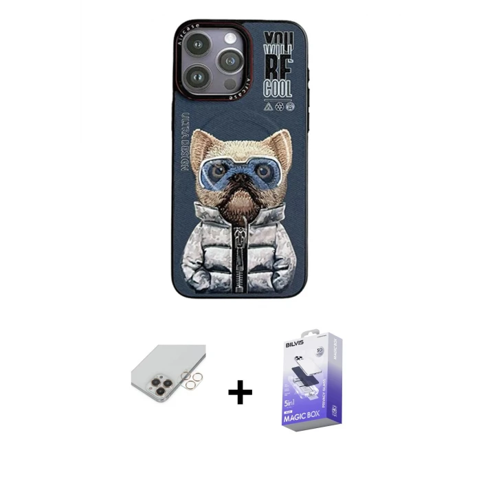 ieg™ iPhone 14 Pro Max Kılıf Siluet Modern Özel Seri - Siyah Bilvis 5in1 5D Magic Hayalet Cam Ekran Koruyucu + Gold Band Metal Kamera Lens