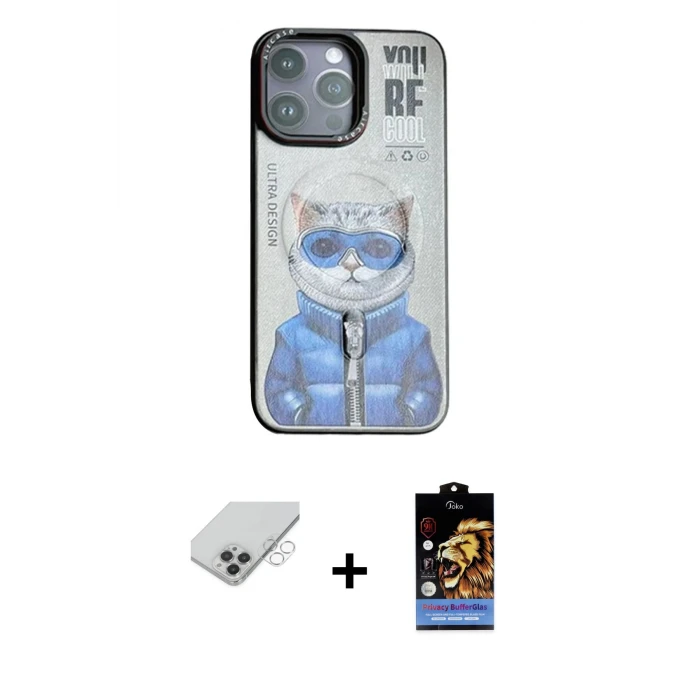 ieg™ iPhone 14 Pro Max Kılıf Siluet Modern Özel Seri - Siyah Buffer Hayalet Cam Ekran Koruyucu + Band Metal Kamera Lens - GS