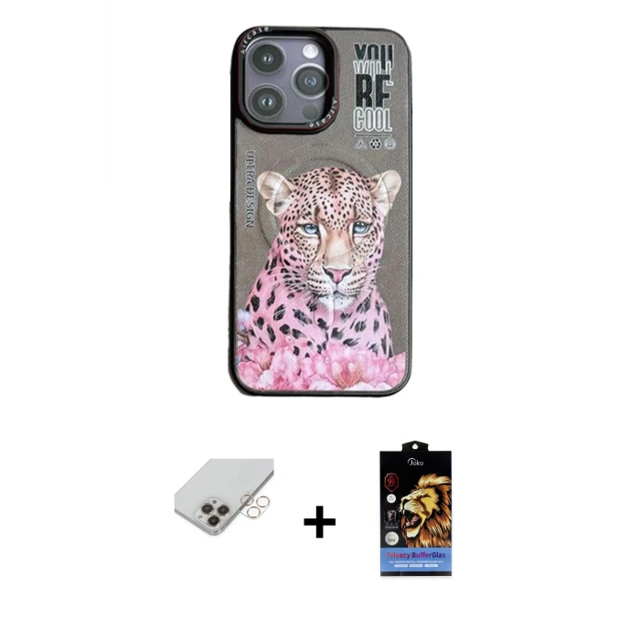 ieg™ iPhone 14 Pro Max Kılıf Siluet Modern Özel Seri - Siyah Buffer Hayalet Cam Ekran Koruyucu + Band Metal Kamera Lens - GD