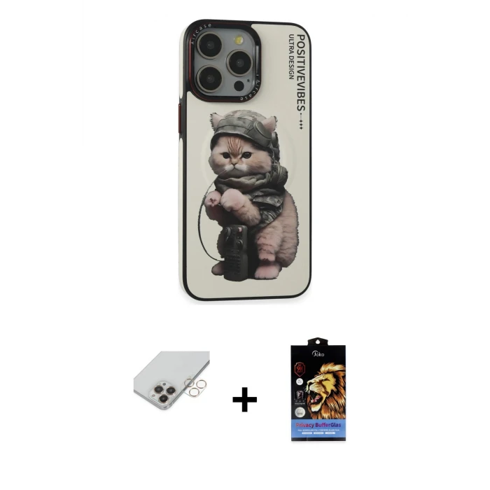 ieg™ iPhone 14 Pro Max Kılıf Siluet Modern Özel Seri - Siyah Buffer Hayalet Cam Ekran Koruyucu + Band Metal Kamera Lens - GD