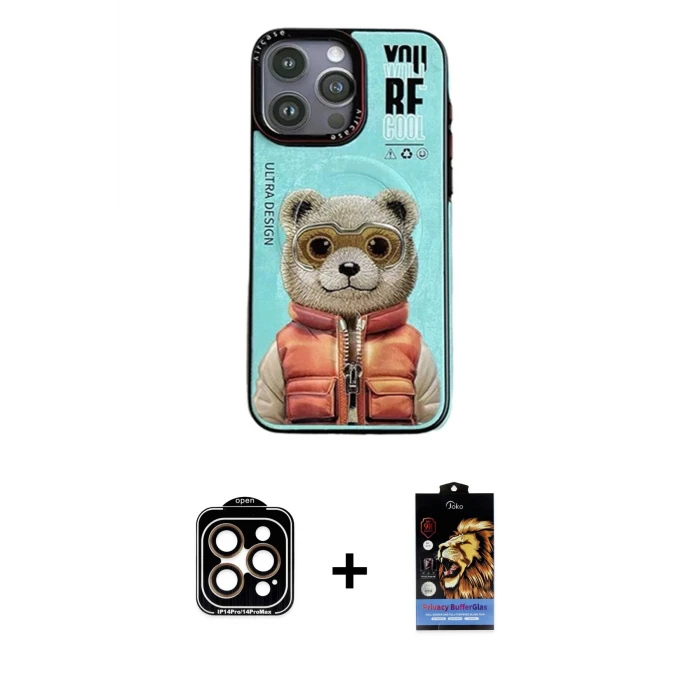 ieg™ iPhone 14 Pro Max Kılıf Siluet Modern Özel Seri - Siyah Buffer Hayalet Cam Ekran Koruyucu + PVD Metal Kamera Lens - TU