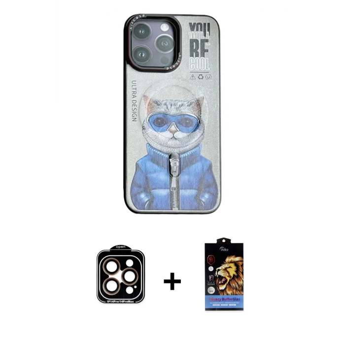 ieg™ iPhone 14 Pro Max Kılıf Siluet Modern Özel Seri - Siyah Buffer Hayalet Cam Ekran Koruyucu + PVD Metal Kamera Lens - TU