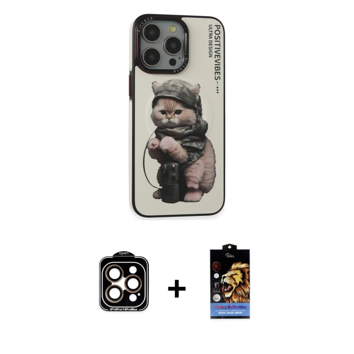 ieg™ iPhone 14 Pro Max Kılıf Siluet Modern Özel Seri - Siyah Buffer Hayalet Cam Ekran Koruyucu + PVD Metal Kamera Lens - TU