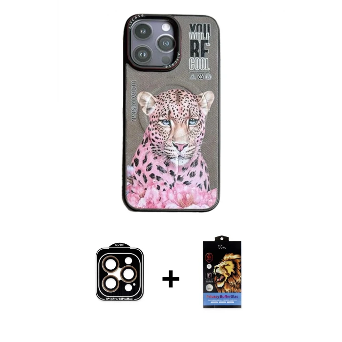 ieg™ iPhone 14 Pro Max Kılıf Siluet Modern Özel Seri - Siyah Buffer Hayalet Cam Ekran Koruyucu + PVD Metal Kamera Lens - TU