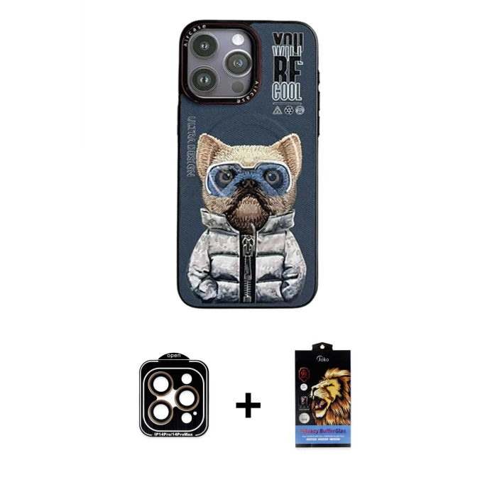 ieg™ iPhone 14 Pro Max Kılıf Siluet Modern Özel Seri - Siyah Buffer Hayalet Cam Ekran Koruyucu + PVD Metal Kamera Lens - TU