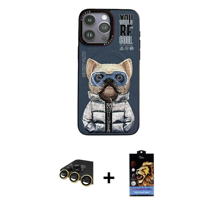 ieg™ iPhone 14 Pro Max Kılıf Siluet Modern Özel Seri - Siyah Buffer Hayalet Cam Ekran Koruyucu + Raze Metal Kamera Lens - GD