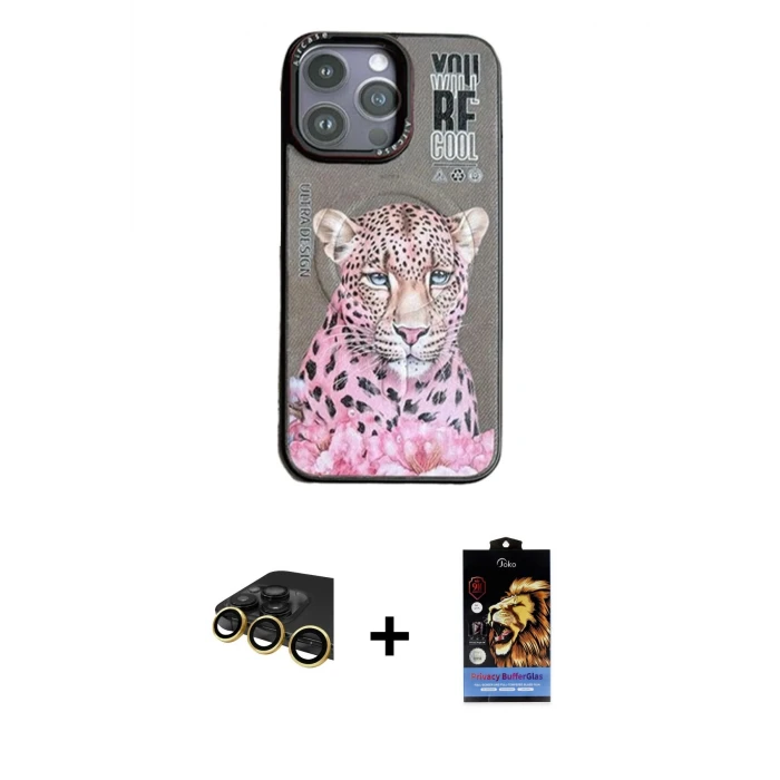 ieg™ iPhone 14 Pro Max Kılıf Siluet Modern Özel Seri - Siyah Buffer Hayalet Cam Ekran Koruyucu + Raze Metal Kamera Lens - GD