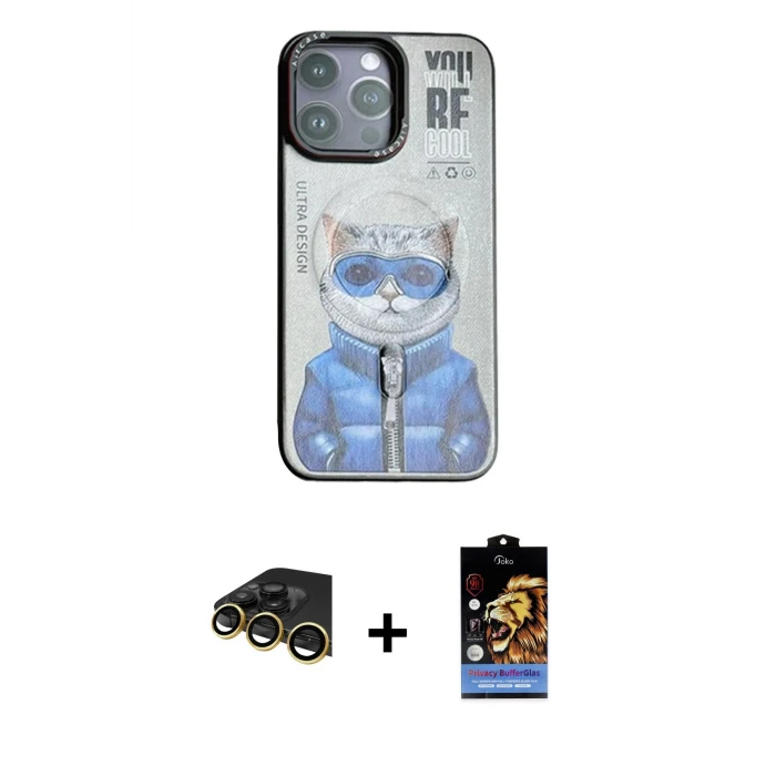 ieg™ iPhone 14 Pro Max Kılıf Siluet Modern Özel Seri - Siyah Buffer Hayalet Cam Ekran Koruyucu + Raze Metal Kamera Lens - GD