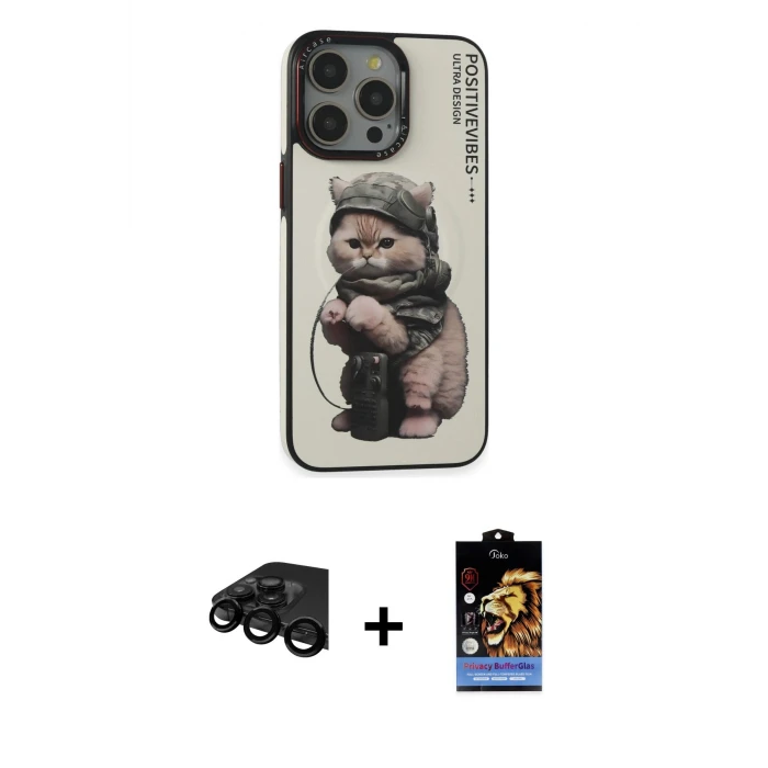 ieg™ iPhone 14 Pro Max Kılıf Siluet Modern Özel Seri - Siyah Buffer Hayalet Cam Ekran Koruyucu + Raze Metal Kamera Lens - SH