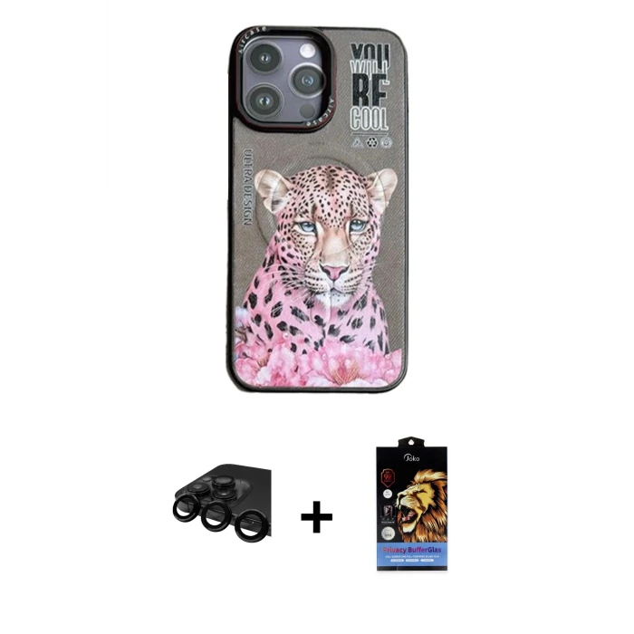 ieg™ iPhone 14 Pro Max Kılıf Siluet Modern Özel Seri - Siyah Buffer Hayalet Cam Ekran Koruyucu + Raze Metal Kamera Lens - SH