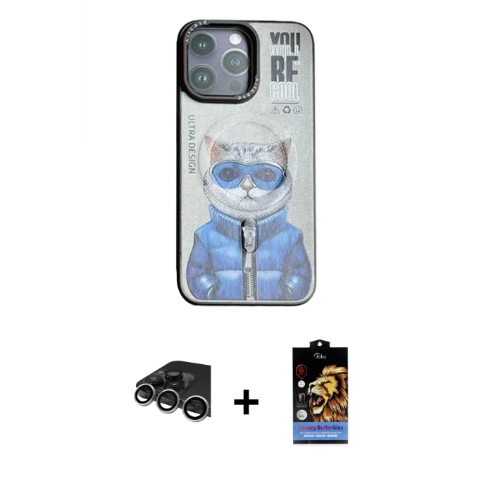 ieg™ iPhone 14 Pro Max Kılıf Siluet Modern Özel Seri - Siyah Buffer Hayalet Cam Ekran Koruyucu + Raze Metal Kamera Lens - GS