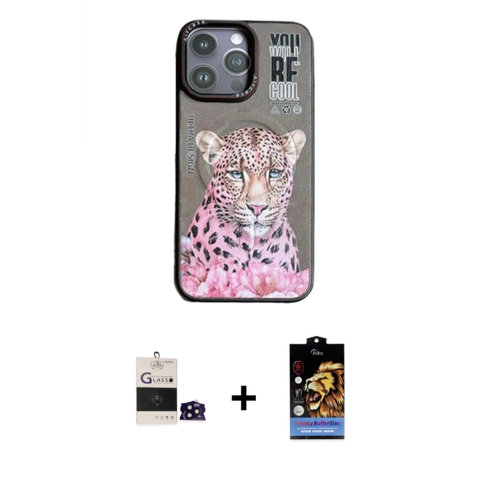 ieg™ iPhone 14 Pro Max Kılıf Siluet Modern Özel Seri - Siyah Buffer Hayalet Cam Ekran Koruyucu + Siyah Bilvis Titan Kamera Lens