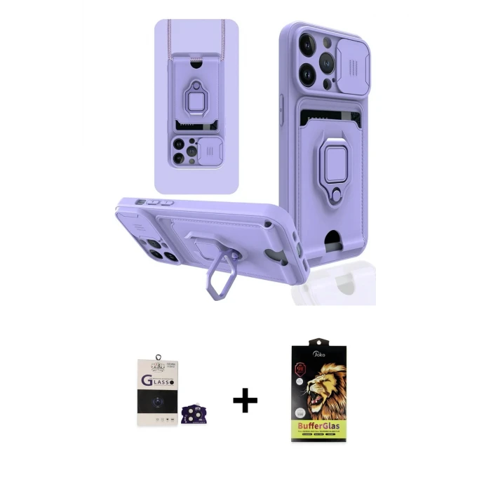 ieg™ iPhone 14 Pro Max Kılıf Vadi Form Prime - Siyah Buffer Cam Ekran Koruyucu + Derin Mor Bilvis Titan Kamera Lens