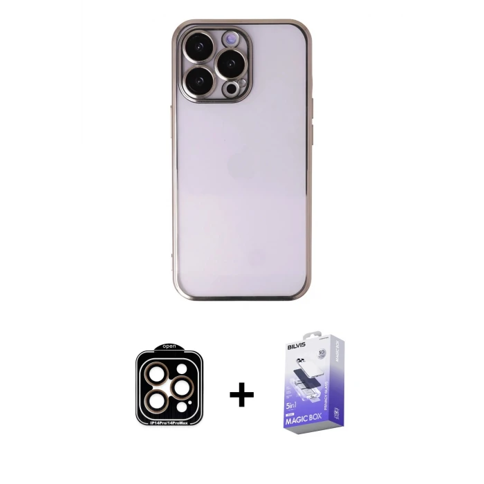ieg™ iPhone 14 Pro Max Kılıf Vadi Minimal - Siyah Bilvis 5in1 5D Magic Hayalet Cam Ekran Koruyucu + PVD Metal Kamera Lens - TU