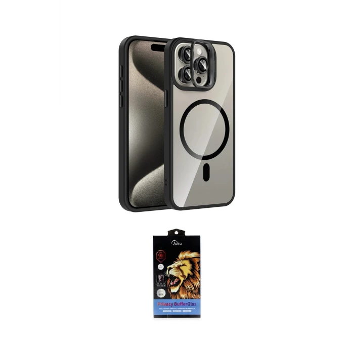 ieg™ iPhone 14 Pro Max Kılıf Yadigar Asil Koleksiyonu - Siyah Buffer Hayalet Cam Ekran Koruyucu