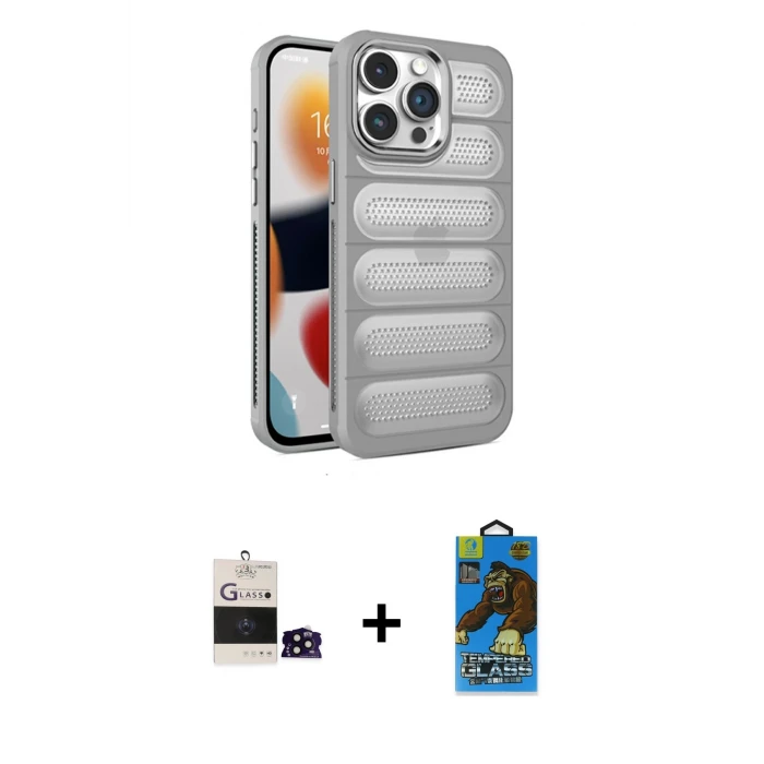 ieg™ iPhone 14 Pro Max Kılıf Yadigar Doku Özel Seri - Siyah 18D Cam Ekran Koruyucu + Siyah Bilvis Titan Kamera Lens