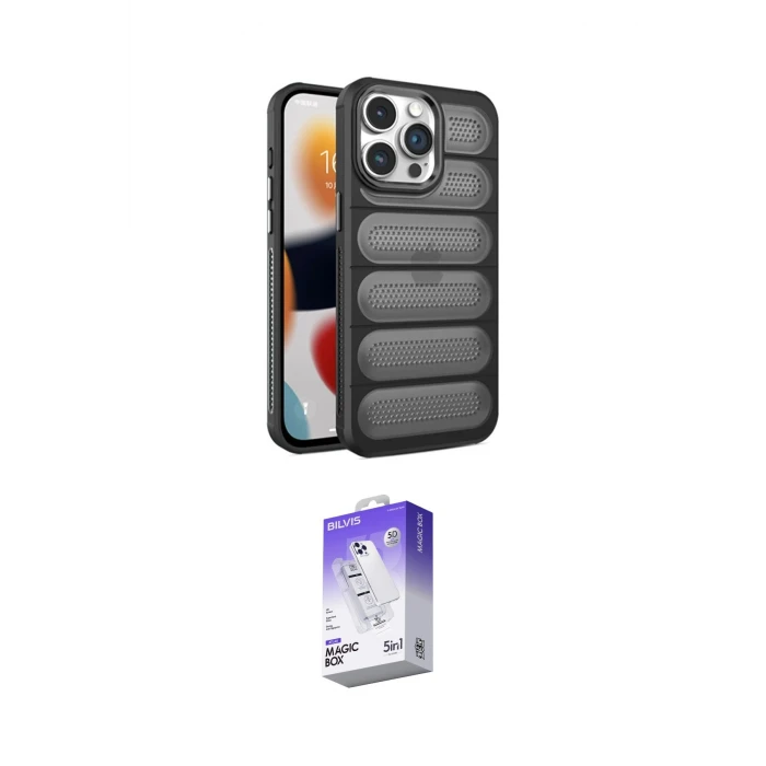 ieg™ iPhone 14 Pro Max Kılıf Yadigar Doku Özel Seri - Siyah Bilvis 5in1 3D Magic Cam Ekran Koruyucu