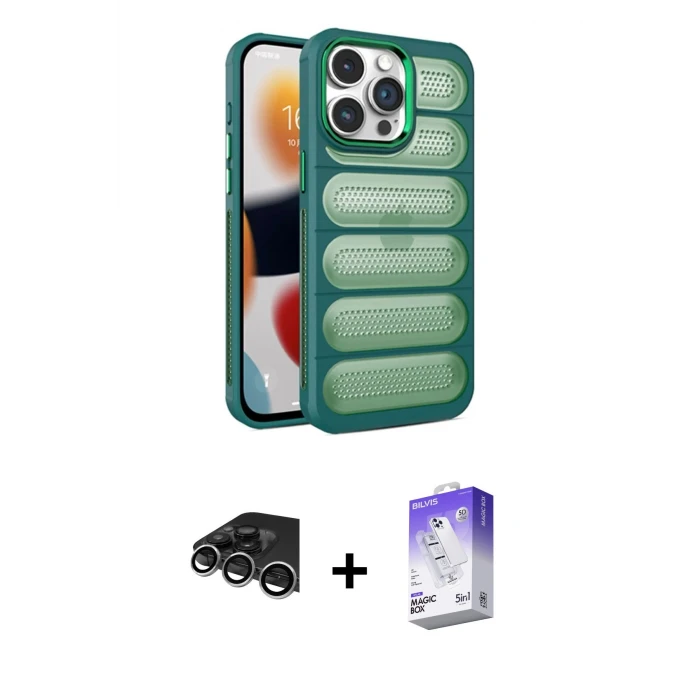 ieg™ iPhone 14 Pro Max Kılıf Yadigar Doku Özel Seri - Siyah Bilvis 5in1 3D Magic Cam Ekran Koruyucu + Raze Metal Kamera Lens - GS