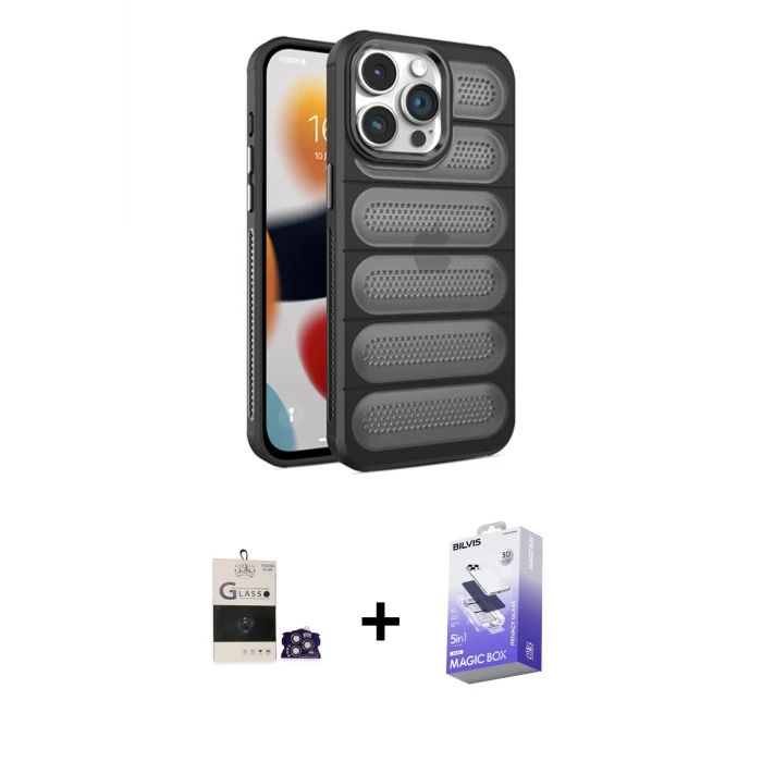 ieg™ iPhone 14 Pro Max Kılıf Yadigar Doku Özel Seri - Siyah Bilvis 5in1 5D Magic Hayalet Cam Ekran Koruyucu + Bilvis Titan Kamera Lens - GS