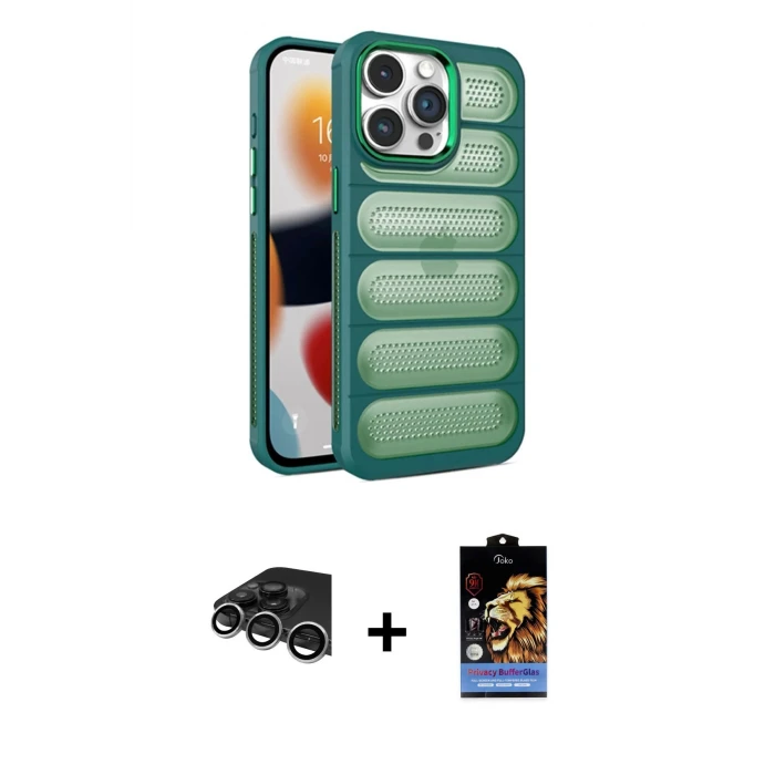 ieg™ iPhone 14 Pro Max Kılıf Yadigar Doku Özel Seri - Siyah Buffer Hayalet Cam Ekran Koruyucu + Raze Metal Kamera Lens - GS