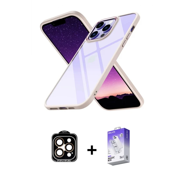 ieg™ iPhone 14 Pro Max Nova Işık Serisi - Siyah Bilvis 5in1 3D Magic Cam Ekran Koruyucu + Turuncu PVD Metal Kamera Lens