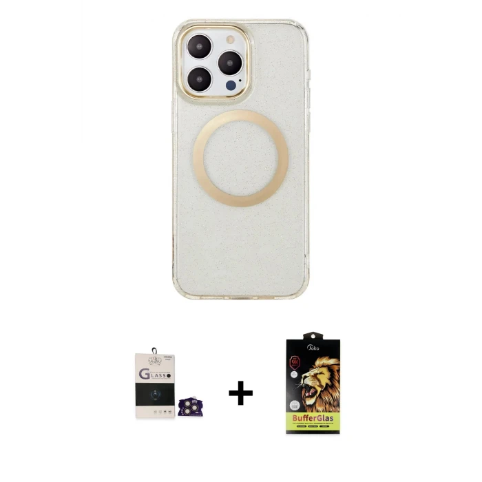 ieg™ iPhone 14 Pro Max Pusula Form - Siyah Buffer Cam Ekran Koruyucu + Gold Bilvis Titan Kamera Lens