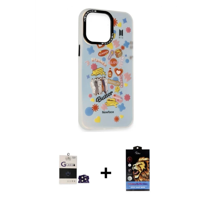 ieg™ iPhone 14 Pro Max Siluet Çizgi Koleksiyonu - Siyah Buffer Hayalet Cam Ekran Koruyucu + Derin Mor Bilvis Titan Kamera Lens