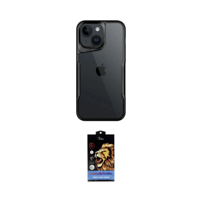 ieg™ iPhone 15 Kılıf Akış Çizgi Koleksiyonu - Siyah Buffer Hayalet Cam Ekran Koruyucu