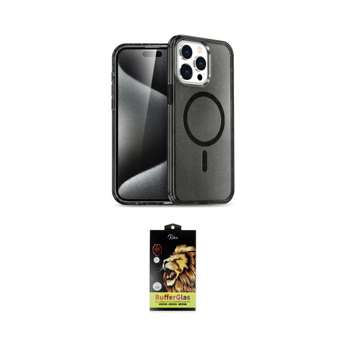 ieg™ iPhone 15 Pro Kılıf Eksen Doku Koleksiyonu - Siyah Buffer Cam Ekran Koruyucu