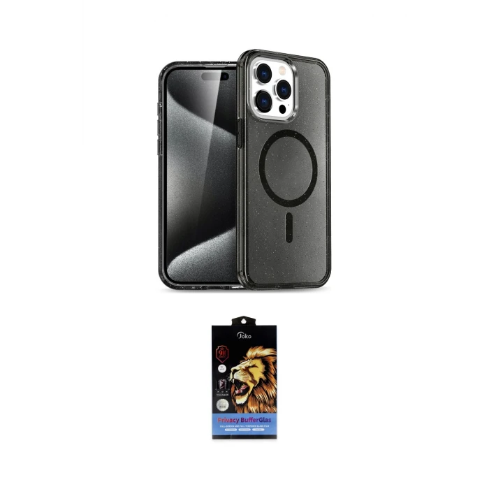 ieg™ iPhone 15 Pro Kılıf Eksen Doku Koleksiyonu - Siyah Buffer Hayalet Cam Ekran Koruyucu