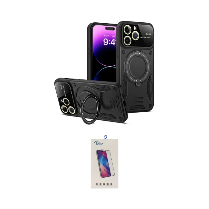 ieg™ iPhone 15 Pro Kılıf Kıvılcım Modern Serisi - Siyah Joko 5D Cam