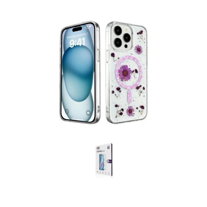 ieg™ iPhone 15 Pro Kılıf Kozmos Doku - Siyah Bilvis 0.18mm Plus Cam Ekran Koruyucu