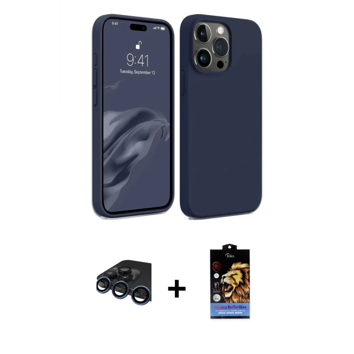 ieg™ iPhone 15 Pro Kılıf Kozmos Yansıma Özel Seri - Siyah Buffer Hayalet Cam Ekran Koruyucu + Raze Metal Kamera Lens - LT