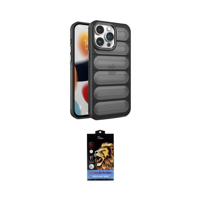 ieg™ iPhone 15 Pro Kılıf Yadigar Doku Özel Seri - Siyah Buffer Hayalet Cam Ekran Koruyucu