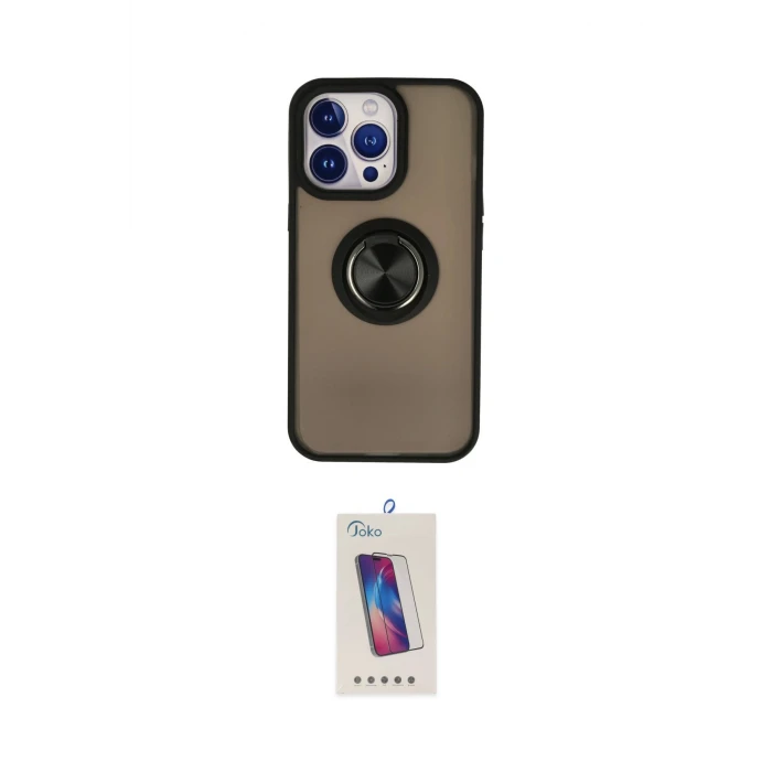 ieg™ iPhone 15 Pro Kılıf Yörünge Çizgi - Siyah Joko 5D Cam