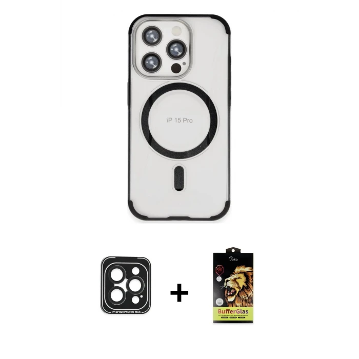 ieg™ iPhone 15 Pro Max Eksen Klasik Koleksiyonu - Siyah Buffer Cam Ekran Koruyucu + Siyah PVD Metal Kamera Lens