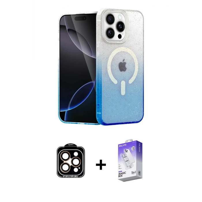 ieg™ iPhone 15 Pro Max Eksen Minimal Özel Seri - Siyah Bilvis 5in1 3D Magic Cam Ekran Koruyucu + Turuncu PVD Metal Kamera Lens