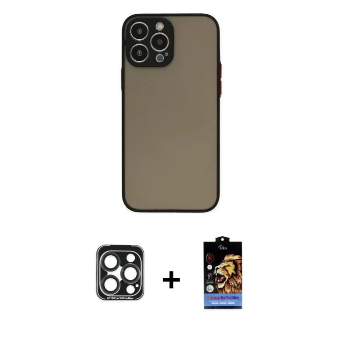 ieg™ iPhone 15 Pro Max Kılıf Ahenk Çizgi Serisi - Siyah Buffer Hayalet Cam Ekran Koruyucu + Lacivert PVD Metal Kamera Lens