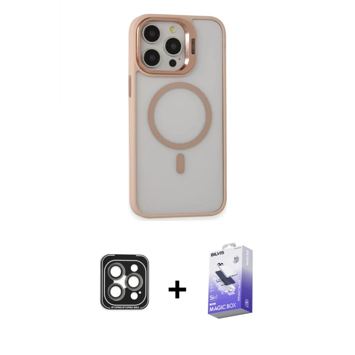 ieg™ iPhone 15 Pro Max Kılıf Ahenk Klasik Özel Seri - Siyah Bilvis 5in1 5D Magic Hayalet Cam Ekran Koruyucu + Gri PVD Metal Kamera Lens