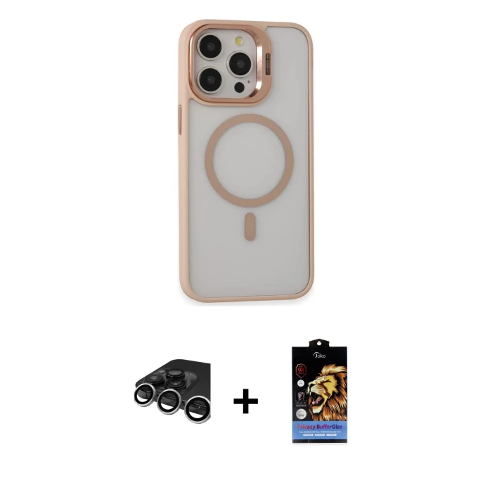 ieg™ iPhone 15 Pro Max Kılıf Ahenk Klasik Özel Seri - Siyah Buffer Hayalet Cam Ekran Koruyucu + Raze Metal Kamera Lens - GS