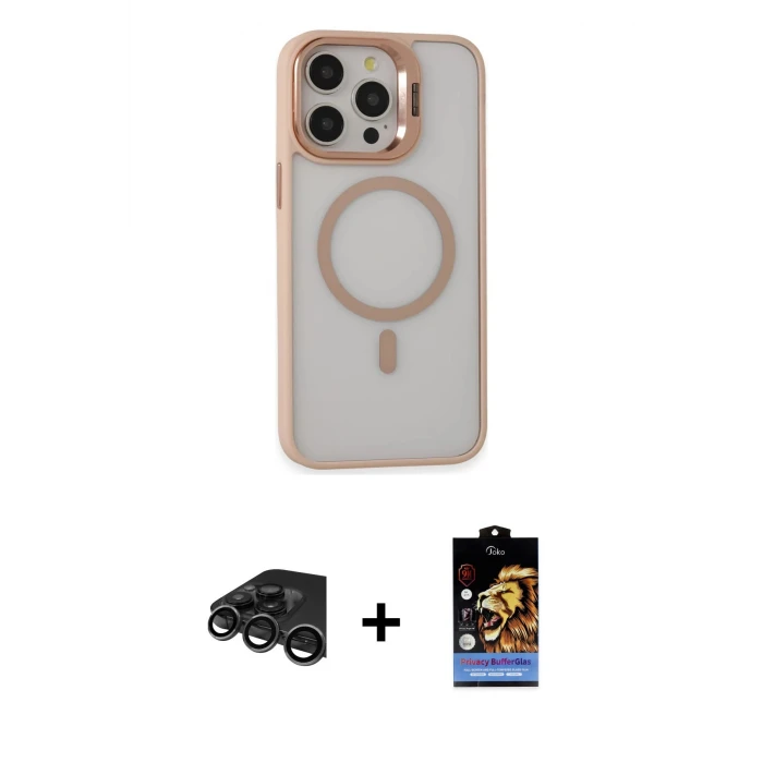 ieg™ iPhone 15 Pro Max Kılıf Ahenk Klasik Özel Seri - Siyah Buffer Hayalet Cam Ekran Koruyucu + Raze Metal Kamera Lens - TMGI