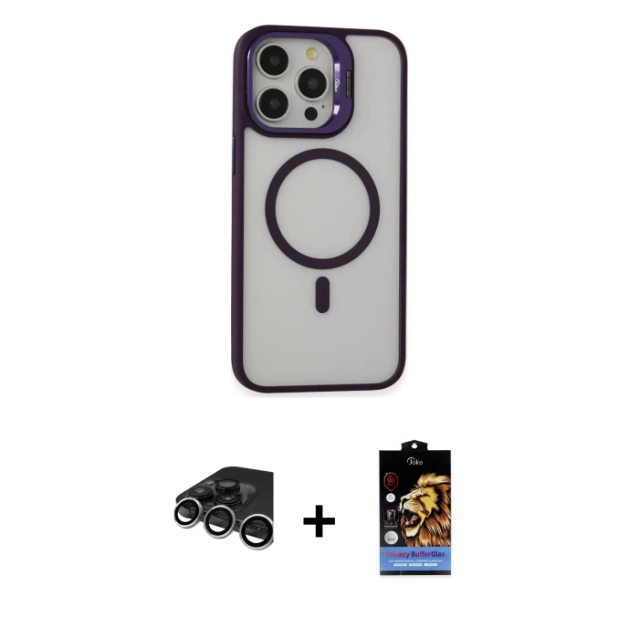 ieg™ iPhone 15 Pro Max Kılıf Ahenk Klasik Özel Seri - Siyah Buffer Hayalet Cam Ekran Koruyucu + Raze Metal Kamera Lens - GS