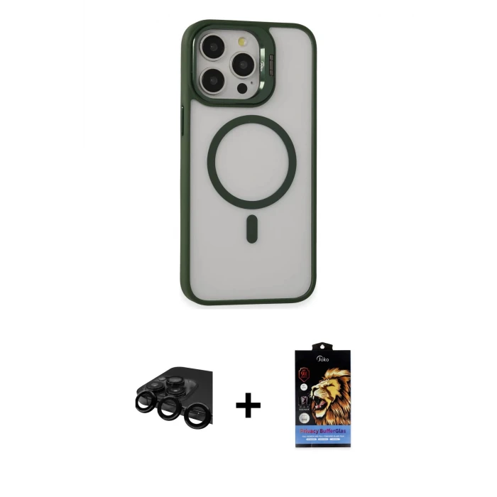 ieg™ iPhone 15 Pro Max Kılıf Ahenk Klasik Özel Seri - Siyah Buffer Hayalet Cam Ekran Koruyucu + Raze Metal Kamera Lens - SH