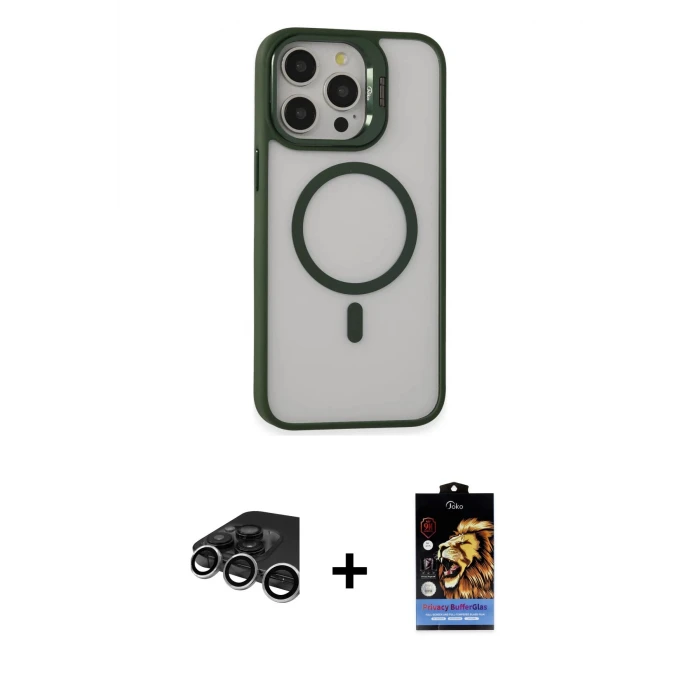 ieg™ iPhone 15 Pro Max Kılıf Ahenk Klasik Özel Seri - Siyah Buffer Hayalet Cam Ekran Koruyucu + Raze Metal Kamera Lens - GS