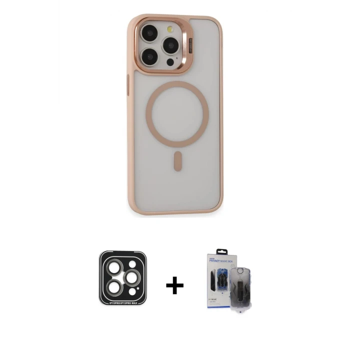 ieg™ iPhone 15 Pro Max Kılıf Ahenk Klasik Özel Seri - Siyah Vanessa Magic Hayalet Cam + PVD Metal Kamera Lens - GI