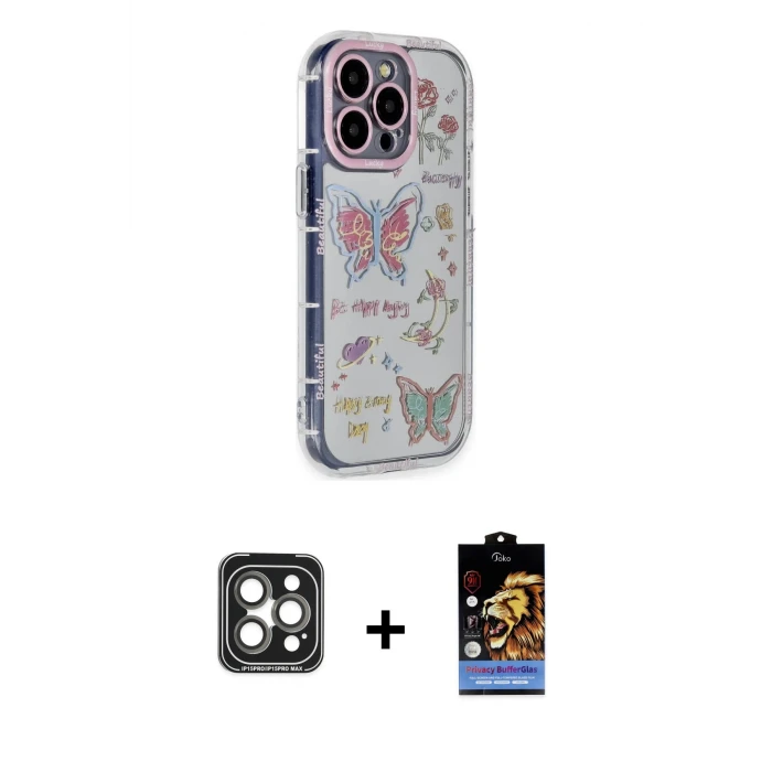 ieg™ iPhone 15 Pro Max Kılıf Ahenk Modern Serisi - Siyah Buffer Hayalet Cam Ekran Koruyucu + PVD Metal Kamera Lens - GI