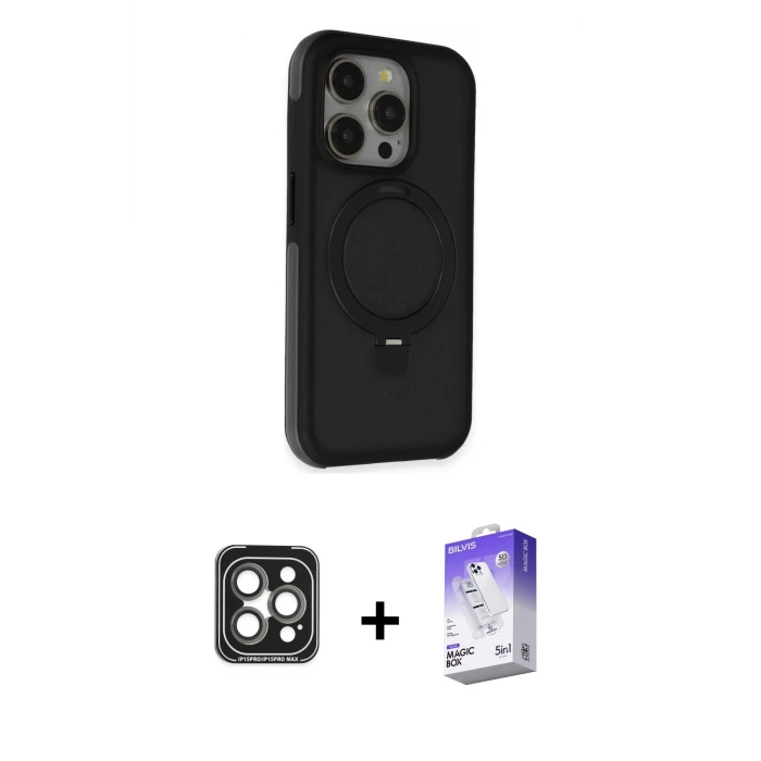 ieg™ iPhone 15 Pro Max Kılıf Ahenk Yansıma Özel Seri - Siyah Bilvis 5in1 3D Magic Cam Ekran Koruyucu + PVD Metal Kamera Lens - GI