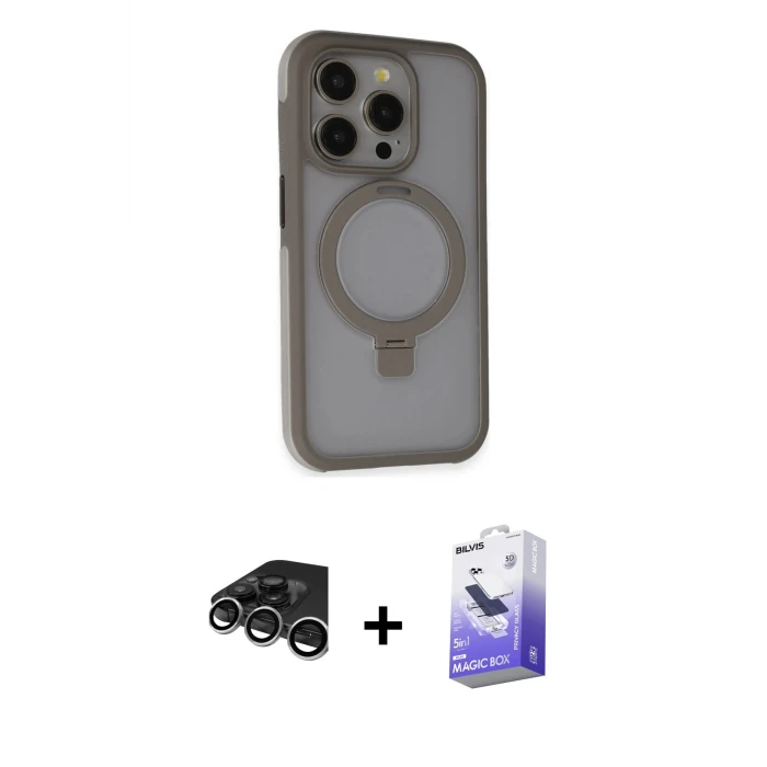ieg™ iPhone 15 Pro Max Kılıf Ahenk Yansıma Özel Seri - Siyah Bilvis 5in1 5D Magic Hayalet Cam Ekran Koruyucu + Raze Metal Kamera Lens - GS