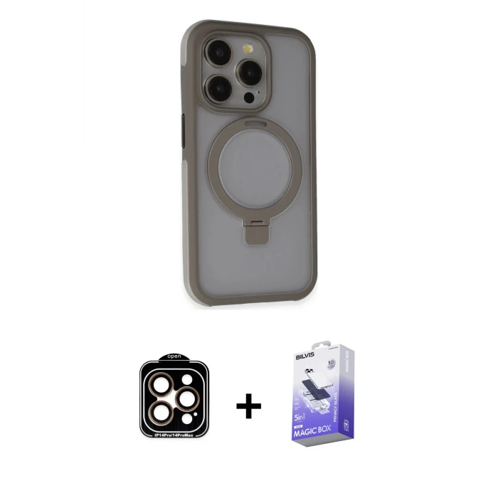 ieg™ iPhone 15 Pro Max Kılıf Ahenk Yansıma Özel Seri - Siyah Bilvis 5in1 5D Magic Hayalet Cam Ekran Koruyucu + PVD Metal Kamera Lens - TU