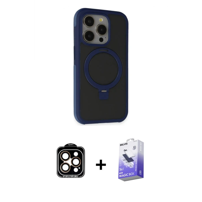 ieg™ iPhone 15 Pro Max Kılıf Ahenk Yansıma Özel Seri - Siyah Bilvis 5in1 5D Magic Hayalet Cam Ekran Koruyucu + PVD Metal Kamera Lens - TU